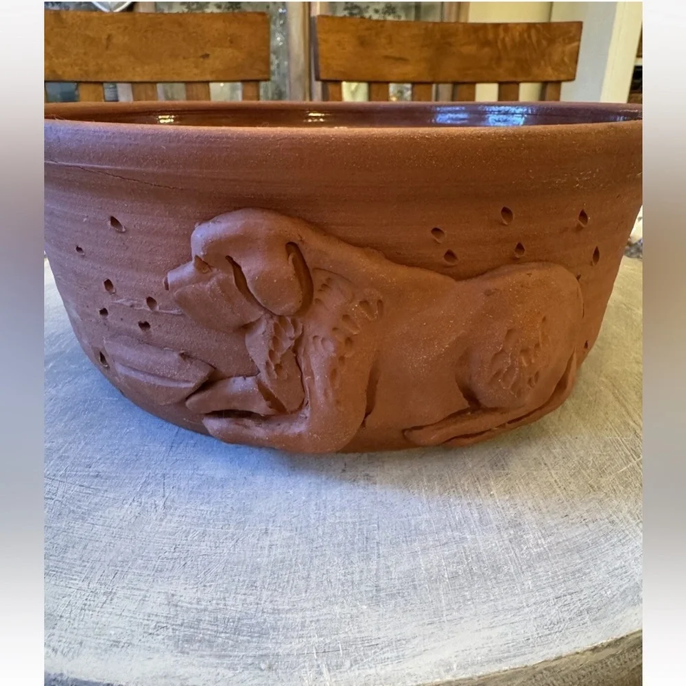 Signed Hand Thrown Studio Art Pottery Terracotta Dog Food Bowl Dish Glaze XL